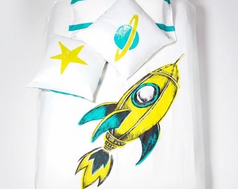 Kids Bedding Organic Cotton Duvet Set: Rocket - Space Design, Eco-Friendly