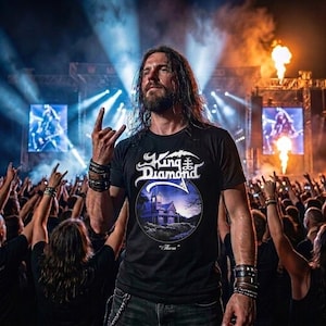 Könnte beinhalten: Ein schwarzes T-Shirt mit einem weißen King Diamond-Logo über einer kreisförmigen Grafik eines Hauses bei Nacht mit dem Text Them. Das T-Shirt wird von einer langhaarigen, bärtigen Person getragen, die vor einer Konzertmenge eine Handgeste macht.