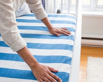 Kids Bedding Organic Cotton Crib Sheet: Blue Stripes, Sateen Fitted Sheet, Eco-Friendly