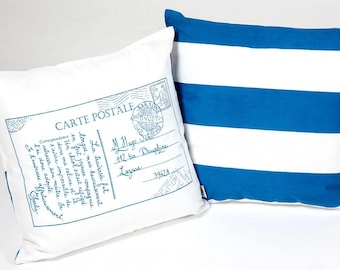 Kids Bedding Organic Cotton Bedding Pillow: Navy Blue Postcard Design, Nursery Decor, Eco-Friendly