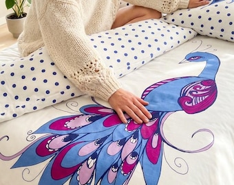 Kids Bedding Organic Cotton Crib Size Duvet Cover: Peacock Design, Eco-Friendly
