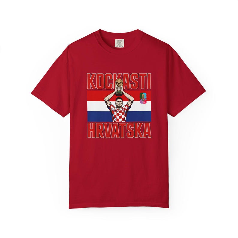 Kockasti Hrvatska Fußballspieler Trophäe T-Shirt | Kroatien WM 26 Flagge Fußball Tee Bild 3