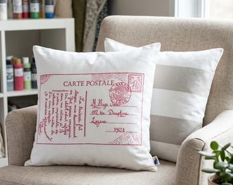 Kids Bedding Organic Cotton Bedding Pillow: Red Postal Card Design, Nursery Decor, Eco-Friendly