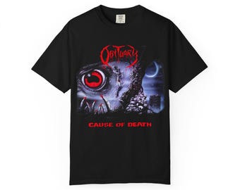 Camiseta unisex con obituario y causa de muerte / Estampado a doble cara