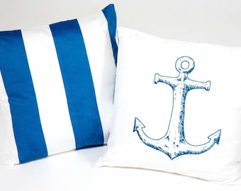 Kids Bedding Organic Cotton Bedding Pillow: Navy Blue Nautical Anchor Design, Nursery Decor, Eco-Friendly