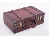 Antique Style Small Wooden Suitcase with Leather Straps and Handle