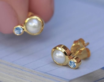 Gold Plated Pearl and Blue Topaz Studs Earrings