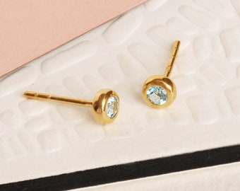 Gold Plated Tiny Blue Topaz Round Studs