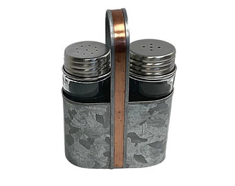 Farmhouse Salt and Pepper Shakers with Caddy,  Galvanized Finish with Copper Accent, A Cute Little Rustic Decor For your Home.