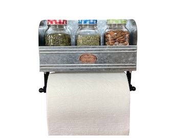 Farmhouse Paper Towel Holder Wall Mount, Kitchen Towel Holder with Shelf, Rustic Paper Towel Holder , Galvanized Paper Towel Holder