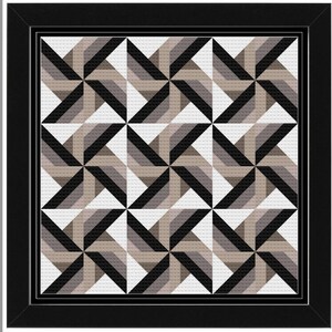 May include: A framed geometric art print with a black frame and a white background. The print features a repeating pattern of black, gray, and white pinwheels.
