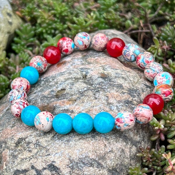 Creativity +  Focus Jade & Imperial Sea Sediment Jasper Gemstone Beaded Bracelet, Color Therapy, Aegean Style, Wrist Mala, Stackable