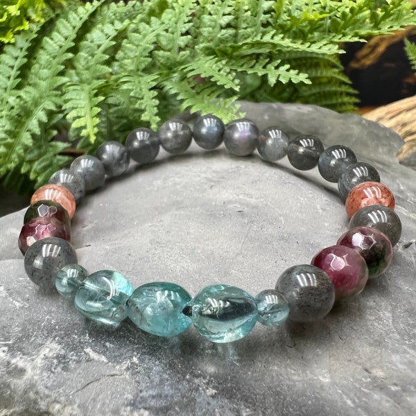 Cosmic Vista - AAA+ Gemstone Beaded Bracelet of Apatite, Sunstone, Tourmaline, & Labradorite. Unisex. Sundance Style Accessories. Boho Style