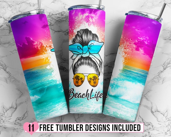 Beach Tumbler Sublimation Design, 20 oz Skinny Tumbler Wrap Sunset Beach Life Sublimation Tumbler Design Seamless - PNG Instant Download