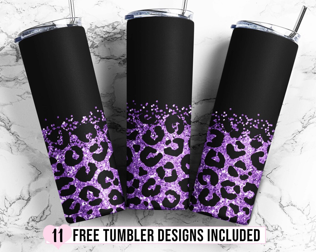 20 Oz Skinny Tumbler Sublimation Design Template Purple Glitter Leopard ...