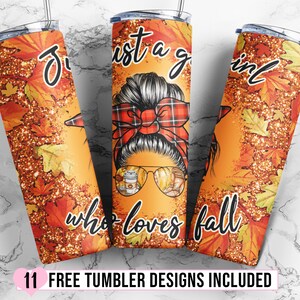 20oz Skinny Tumbler Just a Girl who loves Fall Sublimation Design, Glitter Autumn Pumpkin Straight/Warped PNG Digital Download