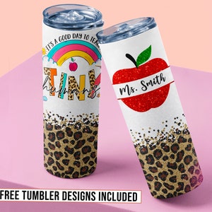 20 oz Skinny Tumbler Rainbow Leopard Glitter Teacher Tumbler, Add Teacher Name Tumbler Sublimation Design PNG Instant Download