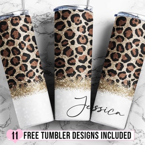 Leopard Tumbler Designs, Gold Glitter Leopard 20oz Skinny Tumbler Wrap, Add Name Seamless Glitter Tumbler Template - PNG Digital Download