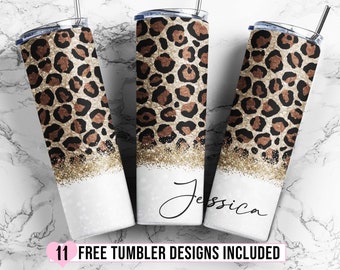 Leopard Tumbler Designs, Gold Glitter Leopard 20oz Skinny Tumbler Wrap, Add Name Seamless Glitter Tumbler Template - PNG Digital Download