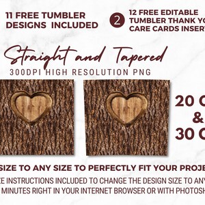 Puede incluir: Dos dise&ntilde;os digitales para vasos de 20 oz y 30 oz con un recorte en forma de coraz&oacute;n en una textura de corteza de &aacute;rbol. Los dise&ntilde;os son archivos PNG de alta resoluci&oacute;n de 300 DPI. La lista incluye 11 dise&ntilde;os de vasos gratuitos y 12 insertos de tarjetas de agradecimiento/cuidado editables gratis.
