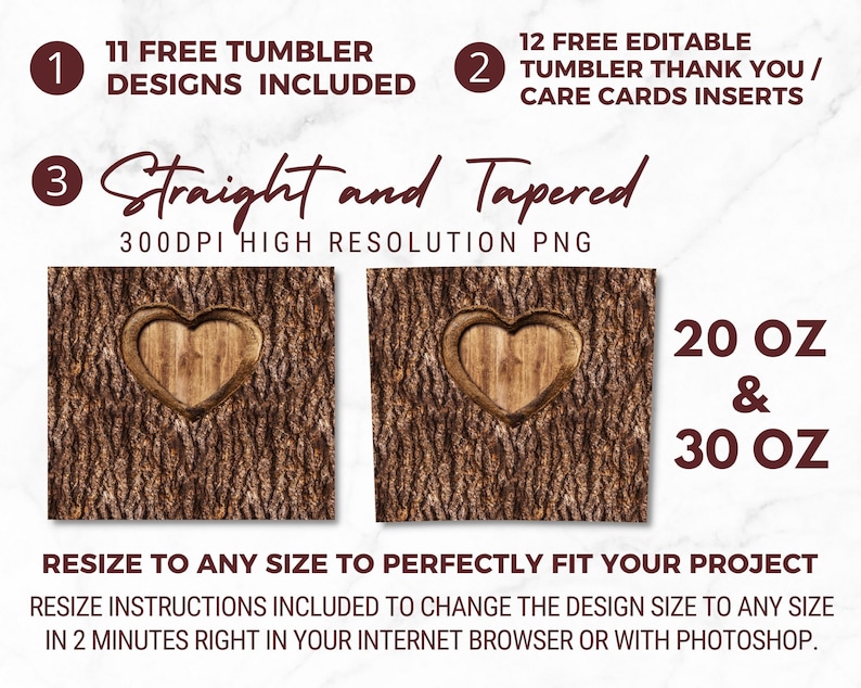 Puede incluir: Dos dise&ntilde;os digitales para vasos de 20 oz y 30 oz con un recorte en forma de coraz&oacute;n en una textura de corteza de &aacute;rbol. Los dise&ntilde;os son archivos PNG de alta resoluci&oacute;n de 300 DPI. La lista incluye 11 dise&ntilde;os de vasos gratuitos y 12 insertos de tarjetas de agradecimiento/cuidado editables gratis.