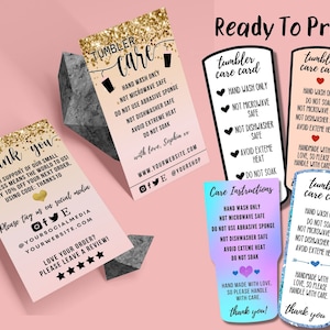Puede incluir: Un conjunto de tarjetas de cuidado para vasos de impresi&oacute;n con diferentes dise&ntilde;os. Las tarjetas presentan un fondo rosa, dorado, azul y morado con texto negro. El texto en las tarjetas incluye instrucciones para el cuidado de los vasos, como lavar solo a mano, no usar en el microondas y evitar el calor extremo. Las tarjetas tambi&eacute;n incluyen la frase "Hecho a mano con amor, por favor, manip&uacute;lalo con cuidado."