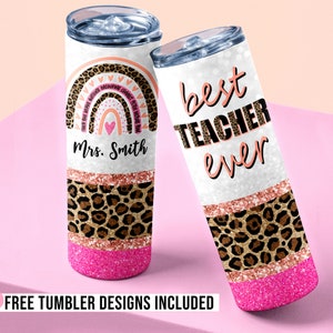 Teacher Tumbler PNG, Best Teacher Ever 20 oz Skinny Tumbler Sublimation Design Leopard Glitter Pencil Tumbler Wrap, Teacher Appreciation