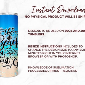 May include: A digital download design for a 20oz or 30oz tumbler featuring a beach scene with the text "the beach is callin' and I must go".