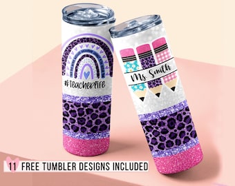 Teacher Tumbler 20oz Skinny Tumbler Design Sublimation, Leopard Glitter Teacher Name Pencil Tumbler Template, Teacher Appreciation Tumbler