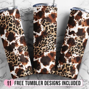 May include: Three stainless steel tumblers with a brown and black leopard print design. The tumblers are on a white marble surface. 11 FREE TUMBLER DESIGNS INCLUDED.