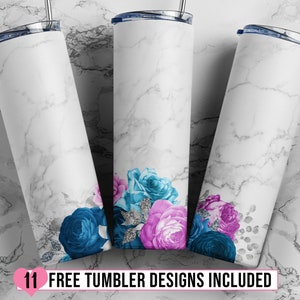 Marble Floral Glitter Sublimation Tumbler Design, Seamless 20oz Skinny Tumbler Wraps Templates - PNG Digital Download