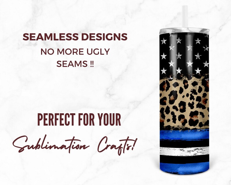 May include: A sublimation design featuring a blue and white thin blue line flag, a leopard print, and a black and white American flag. The design is seamless and perfect for creating custom tumblers.