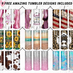 May include: Nine different designs for stainless steel tumblers. Designs include a pink and gold marble pattern, a cheetah print, a sunset beach scene, a cow print, and a glitter design. The text "Just a girl boss building her empire" and "God is within her she will not fall Psalm" are included in two of the designs.