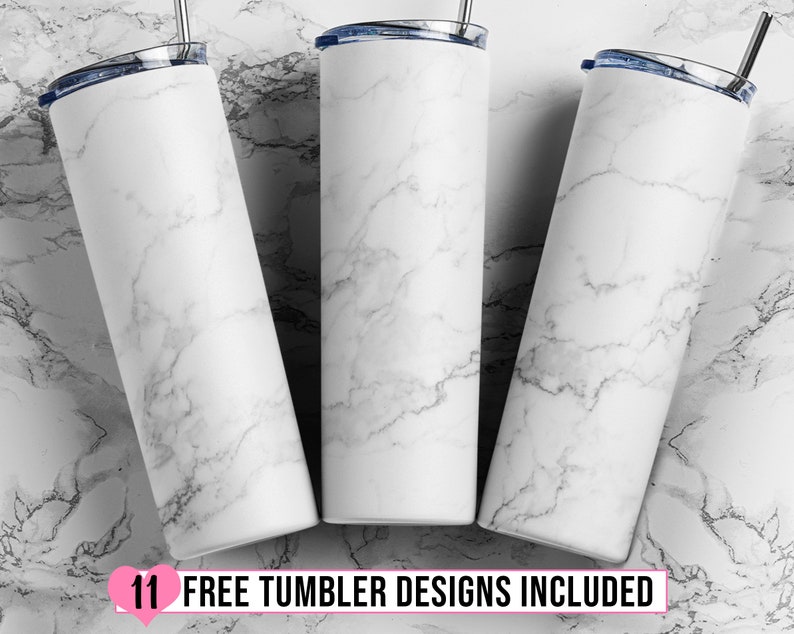 May include: Three white stainless steel tumblers with a marble pattern, blue lids and straws. The tumblers are arranged in a triangular shape on a white marble surface. The text "11 FREE TUMBLER DESIGNS INCLUDED" is at the bottom of the image.