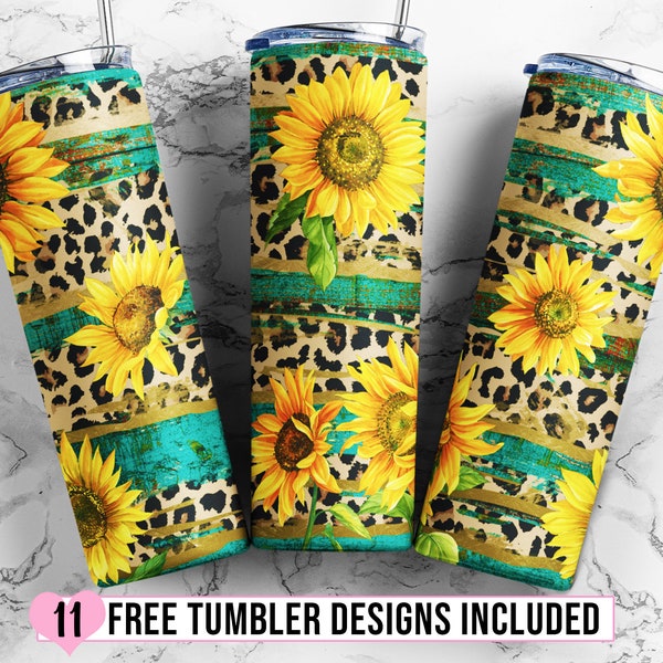 Rustic Sunflower Teal Wood Leopard Tumbler Designs for 20oz Skinny Tumbler Sublimation PNG Wrap - PNG Digital Download