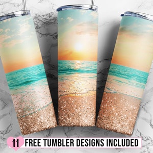 20oz Skinny Tumbler Sublimation Design, Beach Sunset Glitter Tumbler Straight/Warped PNG Digital Download