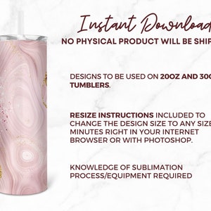 May include: A digital download of a pink and gold marble design for sublimation on 20oz and 30oz tumblers.  Resize instructions are included to change the design size to any size in 2 minutes.  Knowledge of sublimation process/equipment is required.