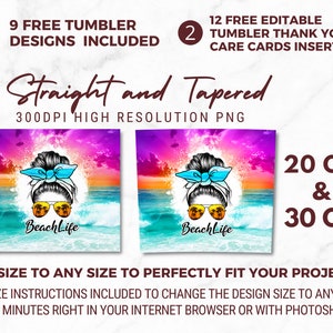 May include: Two digital designs for 20 oz and 30 oz tumblers. The designs feature a woman with a messy bun, sunglasses, and a blue bow. The background is a sunset over the ocean. The text "Beachlife" is included in the design. The designs are 300 DPI high resolution PNG files.