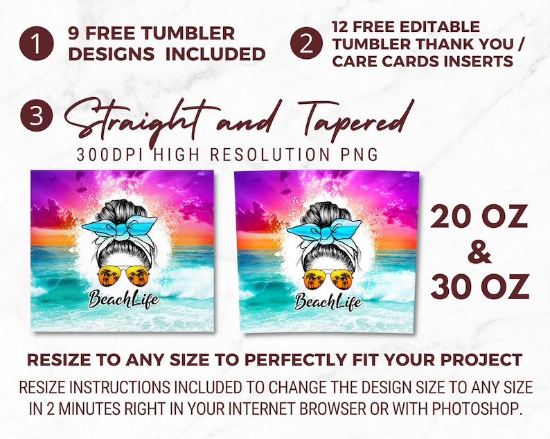 May include: Two digital designs for 20 oz and 30 oz tumblers. The designs feature a woman with a messy bun, sunglasses, and a blue bow. The background is a sunset over the ocean. The text "Beachlife" is included in the design. The designs are 300 DPI high resolution PNG files.