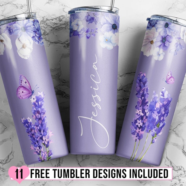 Lavender Floral 20oz Skinny Tumbler Sublimation Design, Name Tumbler Template Purple Butterflies Flowers Tumbler Design PNG Digital Download