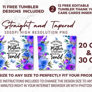 Puede incluir: Dos dise&ntilde;os para un vaso de 20 oz o 30 oz con un dise&ntilde;o floral de acuarela con mariposas y el texto "To the world you're a mother to your family you are the world". Los dise&ntilde;os est&aacute;n disponibles en estilos rectos o c&oacute;nicos. Se incluyen 11 dise&ntilde;os de vaso gratuitos y 12 insertos de tarjetas de agradecimiento/cuidado editables gratuitos.