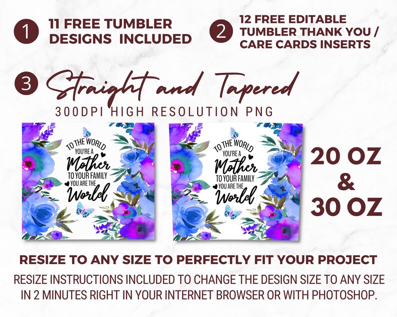 Puede incluir: Dos dise&ntilde;os para un vaso de 20 oz o 30 oz con un dise&ntilde;o floral de acuarela con mariposas y el texto "To the world you're a mother to your family you are the world". Los dise&ntilde;os est&aacute;n disponibles en estilos rectos o c&oacute;nicos. Se incluyen 11 dise&ntilde;os de vaso gratuitos y 12 insertos de tarjetas de agradecimiento/cuidado editables gratuitos.