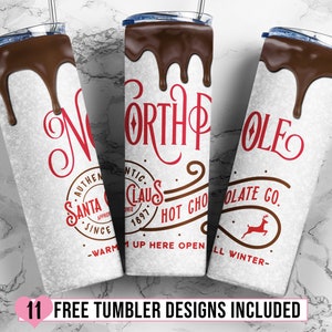 Christmas Tumbler Sublimation Design, Hot Chocolate North Pole 20oz Skinny Tumbler, Glitter Christmas Tumbler Wrap - PNG Instant Download