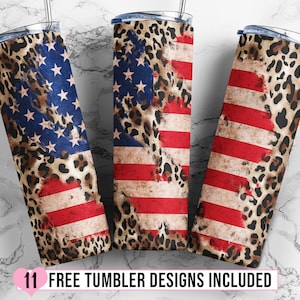 Leopard American Flag 20 oz Skinny Tumbler Sublimation Design, Patriotic Tumbler Template, USA Flag Tumbler Design - PNG Download