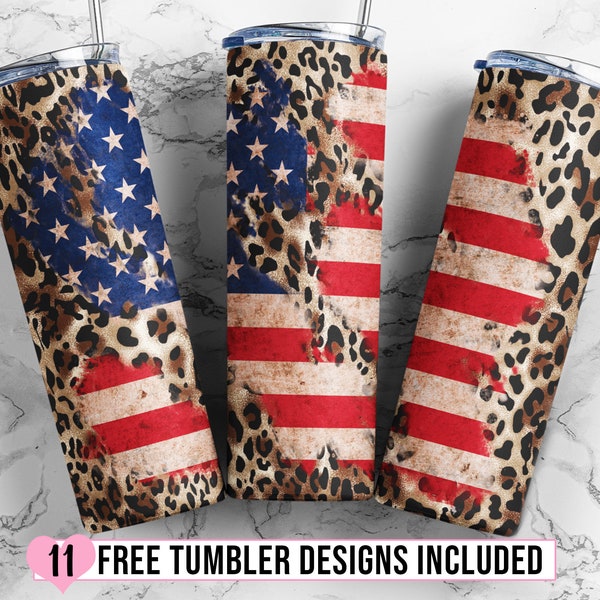 Leopard Amerikaanse vlag 20 oz skinny tuimelaar sublimatie ontwerp, patriottische tuimelaar sjabloon, USA vlag tuimelaar ontwerp - PNG downloaden