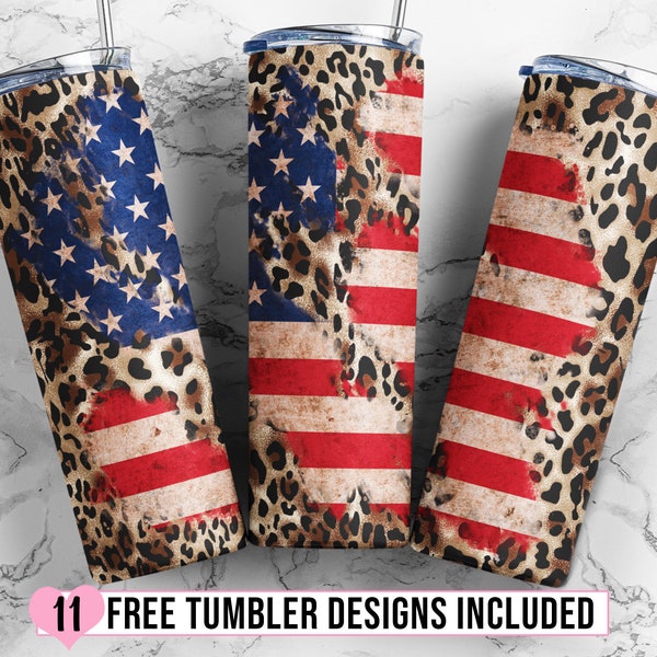 Drapeau américain léopard 20 oz Skinny Tumbler Sublimation Design, modèle de gobelet patriotique, USA Flag Tumbler Design - PNG Download