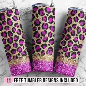 20 oz Purple Glitter Leopard Skinny Tumbler Design - Straight & Tapered Sublimation Wrap Design - Gold Glitter Tumbler PNG - Template