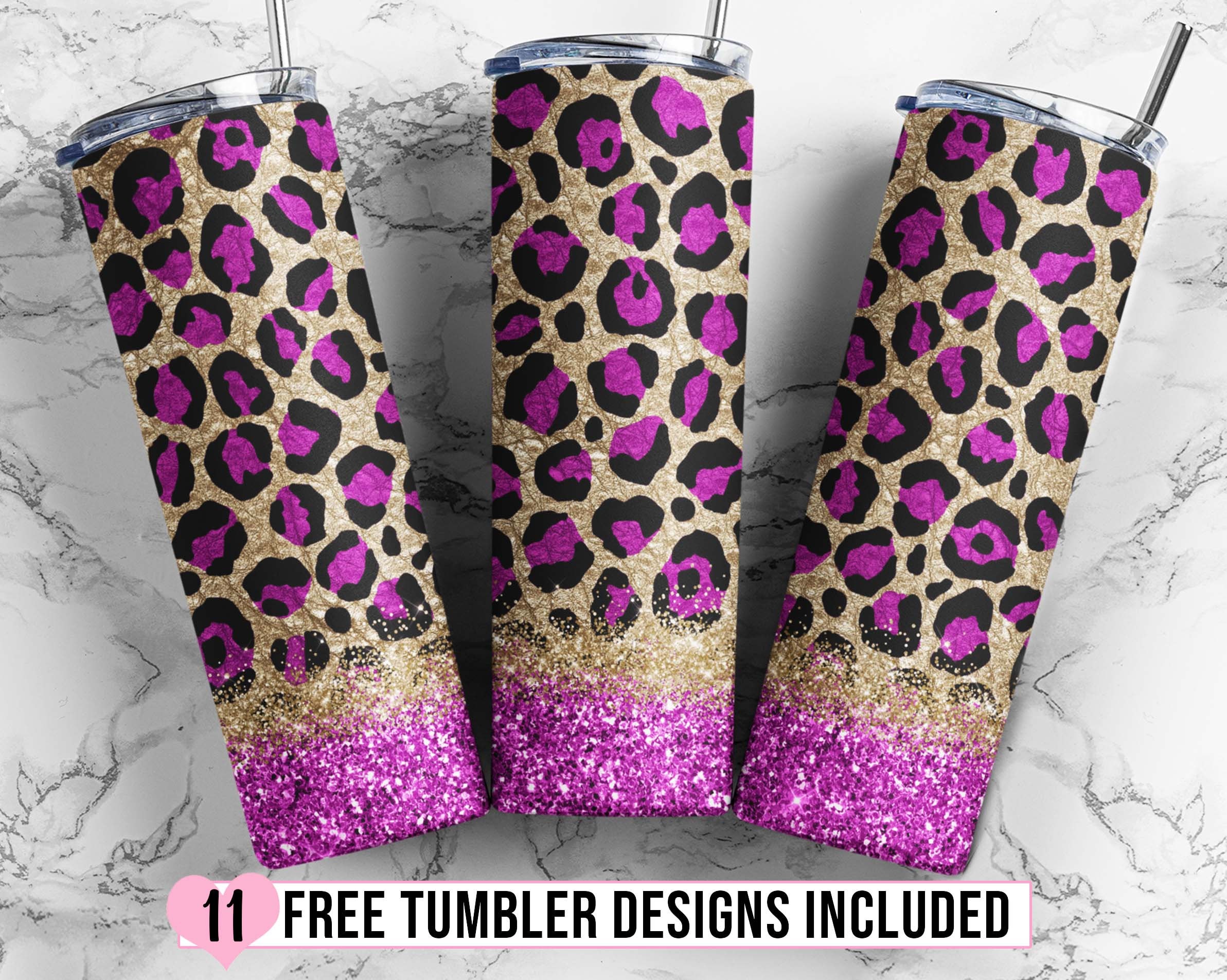 20 Oz Purple Glitter Leopard Skinny Tumbler Design - Straight & Tapered ...
