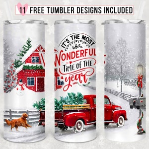 20oz Skinny Tumbler, Watercolor Christmas Tumbler Sublimation Design, Red Truck Christmas PNG, Falling Snow Christmas Wrap - PNG Download