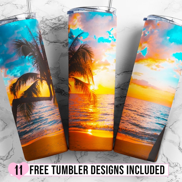 20 oz Skinny Tumbler Sublimation Design Template Beach Sunset Tumbler Design Straight & Tapered Digital Download PNG